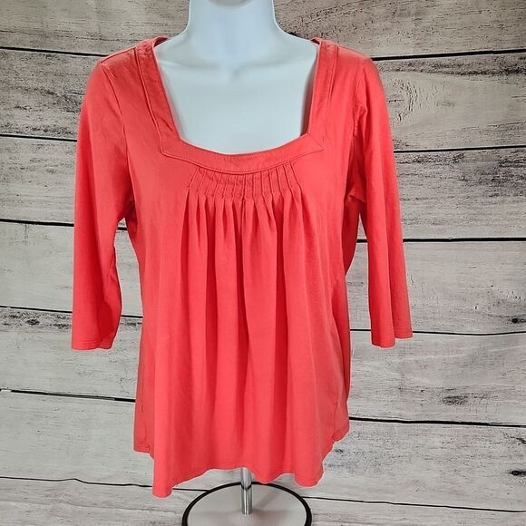 🐞Loft Coral Orange Square Neck 3/4 Sleeve Top Large - Picture 1 of 12